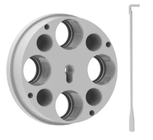 Nástrojová hlava se čtyřmi pozicemi pro matrice LEE 4 HOLE ULTIMATE TOOL CARRIER a indexovací tyčí 4 HOLE INDEX ROD. Náhradní díl pro přebíjecí lis Lee Ultimate Turret Press (#91910).